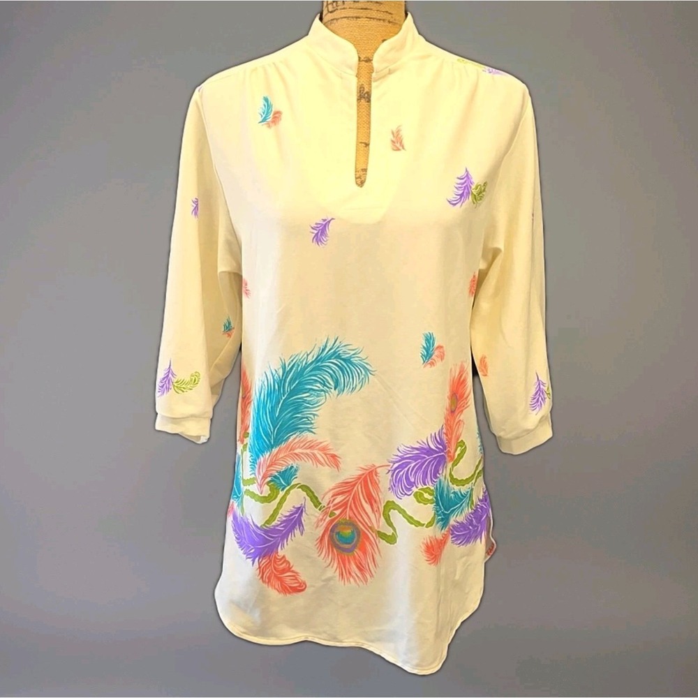 Vintage Jojoba Feather Print Tunic Blouse Boho Tropical Resort Core sz S 3/4 Slv
